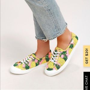 Pink Chow Chow with pineapples print slip ons